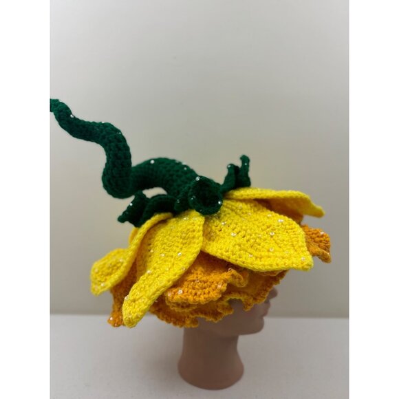 Handmade Crochet Flower Hat With Green Stem & Yellow Petals Fairy Hat Costume main image 7